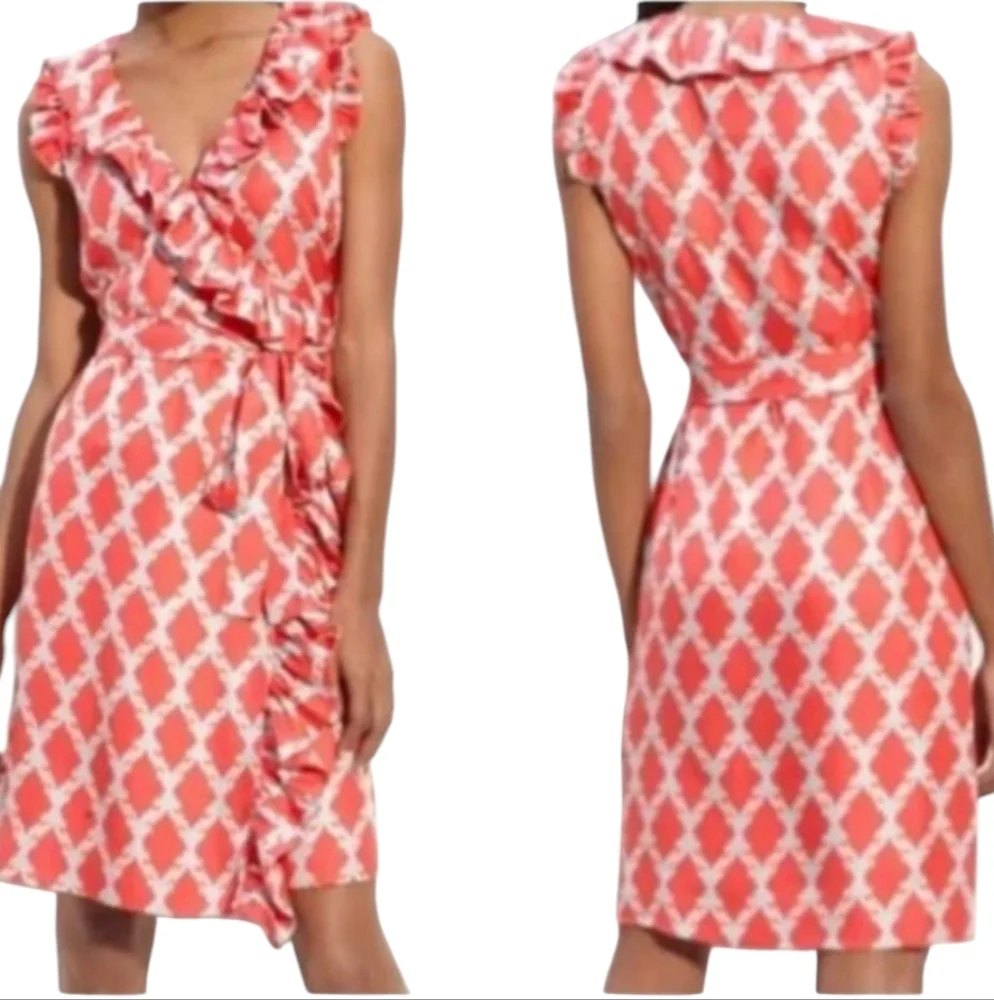 kate spade Coral and White Ruffle Wrap Dress